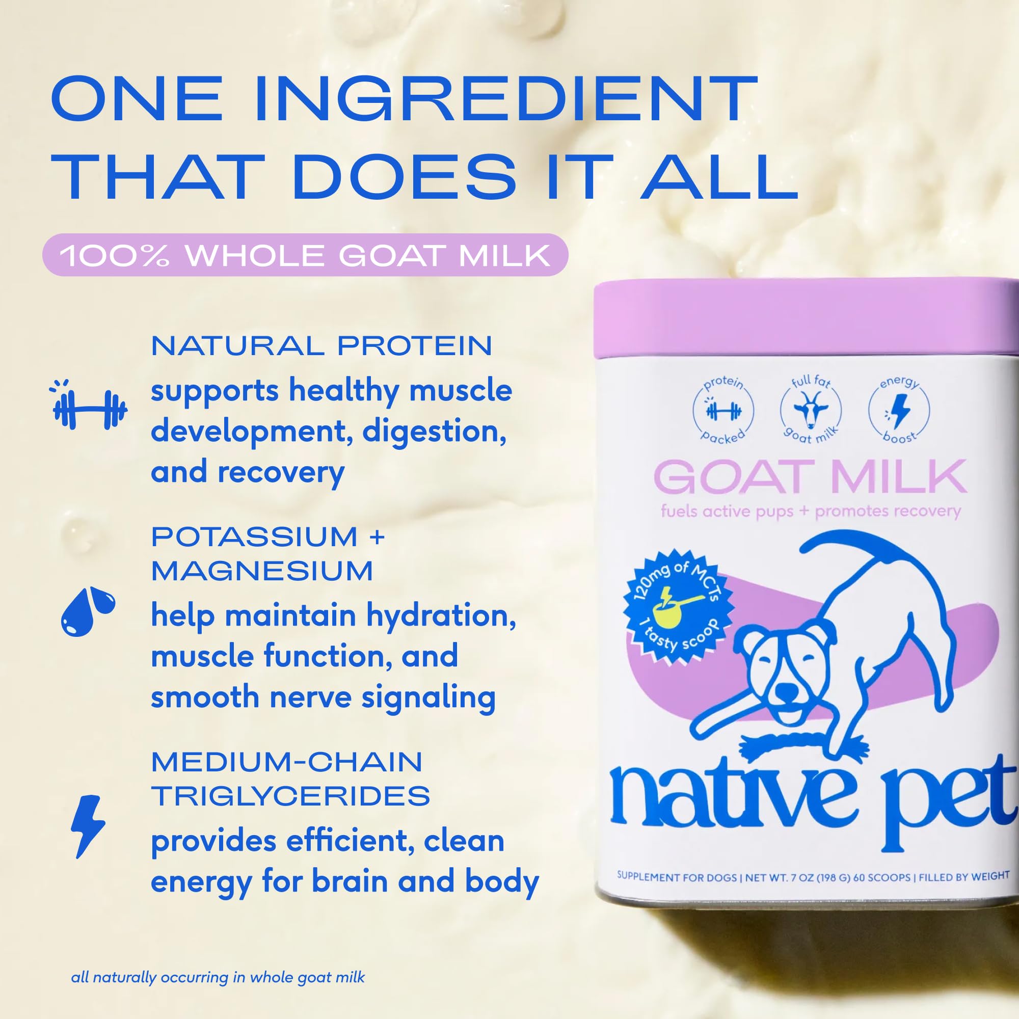 Native Pet Goat Milk Powder - Dog Food Topper for Active Dogs - Post-Activity Recovery, Energy, Immune Support, Hydration & Bone Health - Whole Goat Milk with MCTs & Essential Minerals - 60 Scoops - Image 3