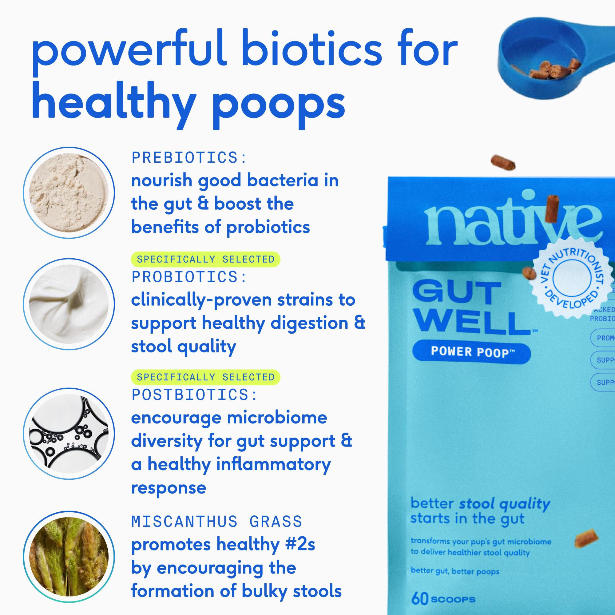 Native Pet GutWell Power Poop - Digestive Support & Fiber for Dogs - Promotes Healthy Stools, Supports Balanced Microbiome & Digestive Function - Triple-Biotic Blend & M-Fiber - 60 Scoops - Image 6